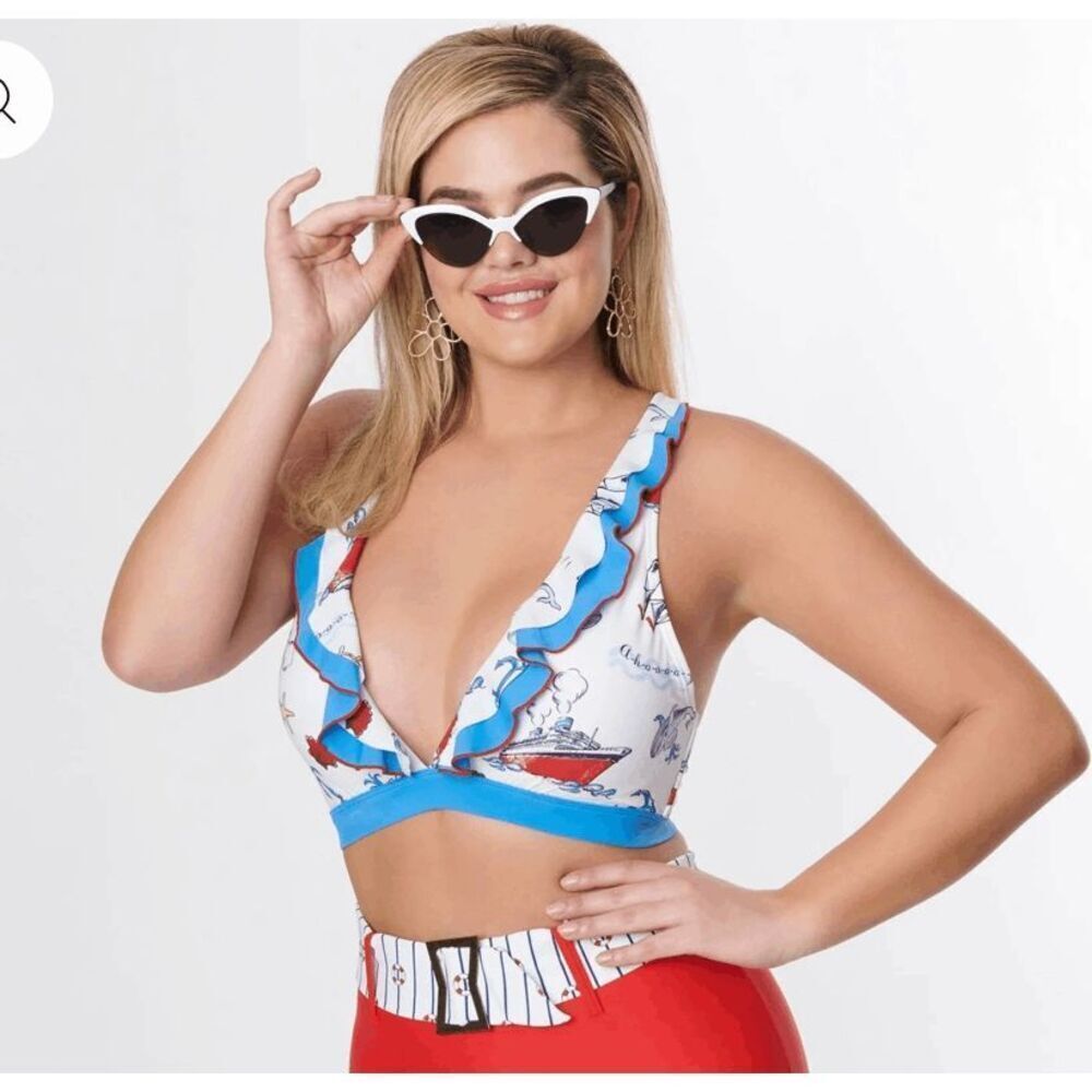 Unique Vintage Nautical Ruffle Swim Top | 2X | White Blue Print | Adjustable Str